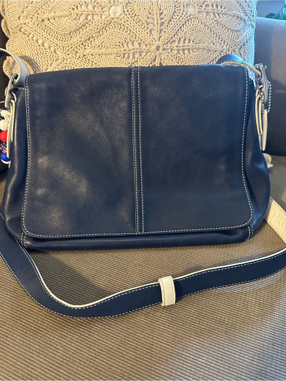 Coach Navy Leather Hampton Crossbody  Bag with White Accent Stitching
